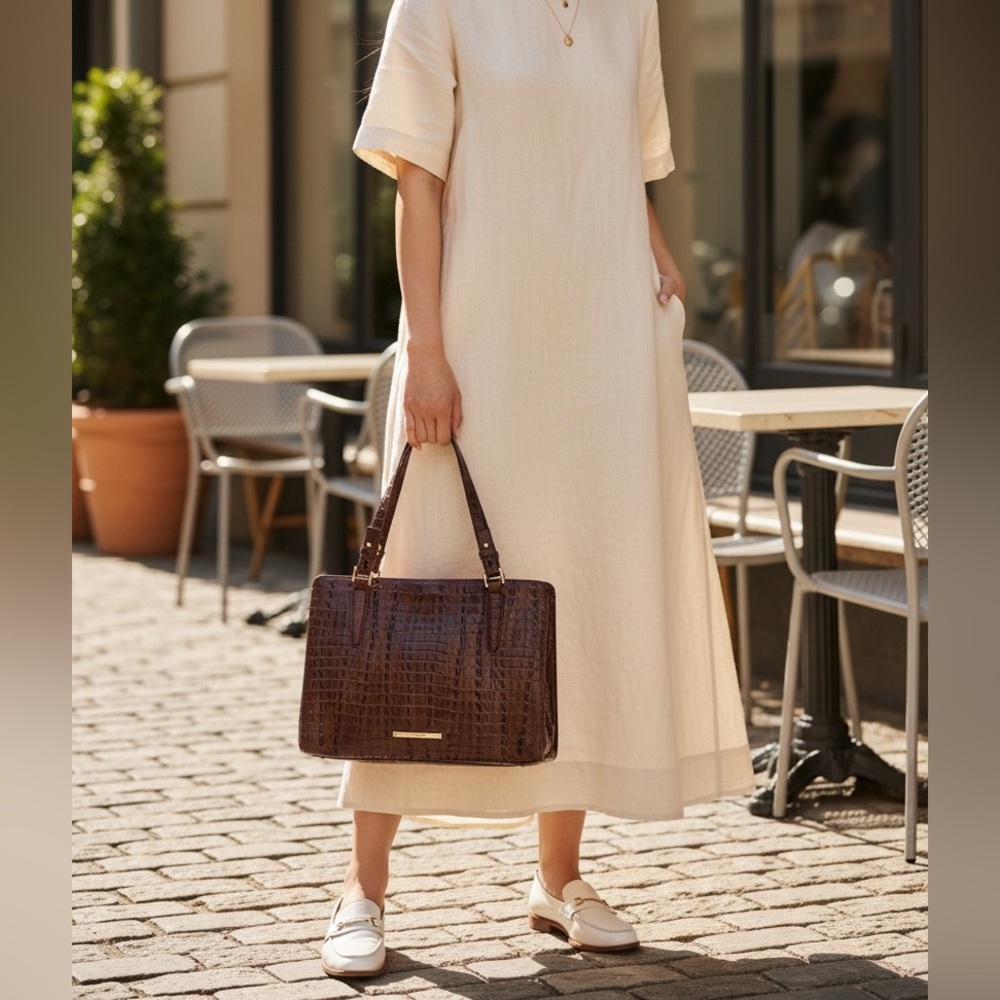 Brahmin Pecan Croc-Embossed Leather Tote Bag
